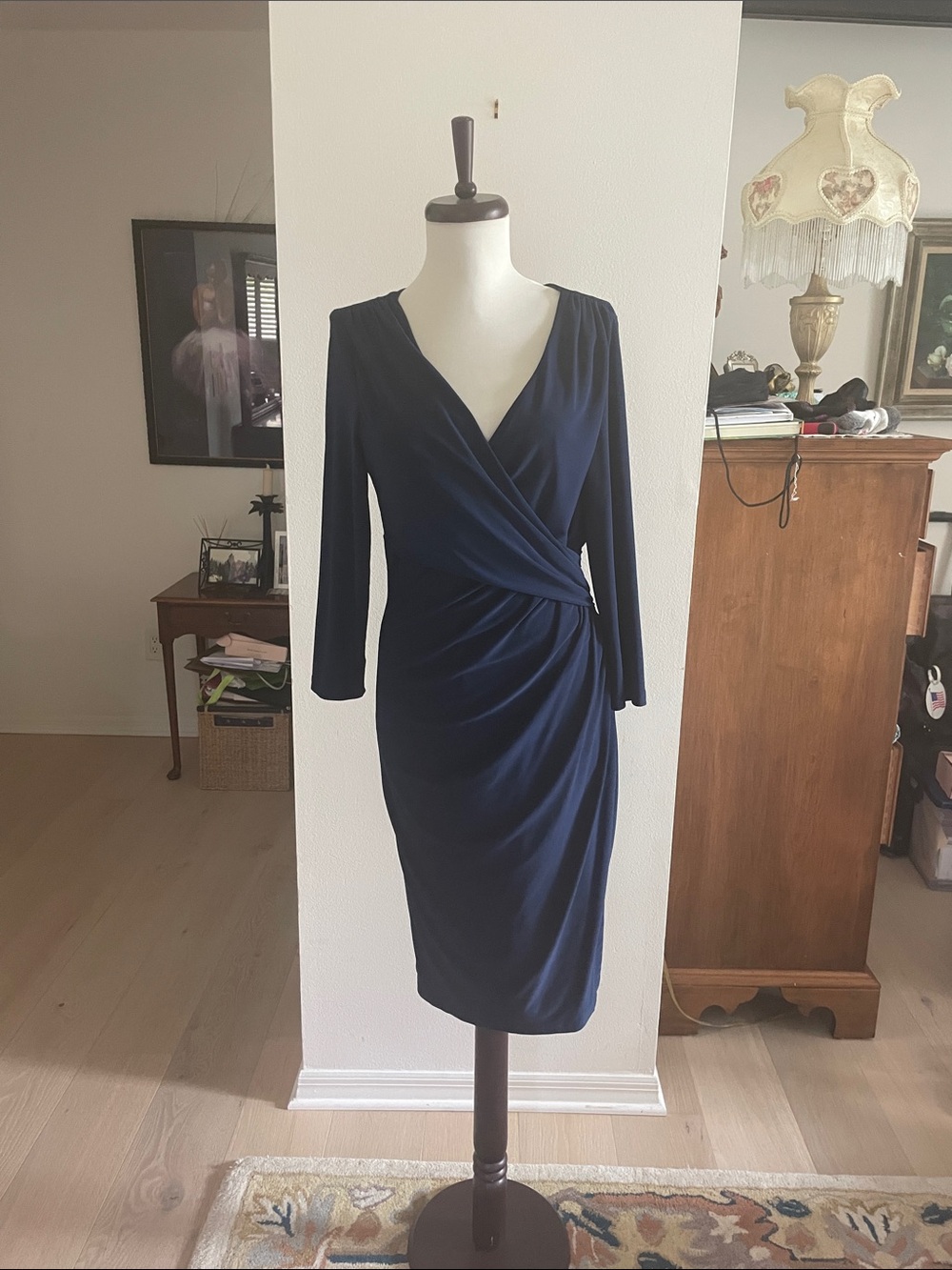 Ralph Lauren Navy Wrap-Style Long Sleeve Sheath Dress